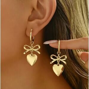 NEW - Pair of hoop bow earrings w/ dangling hearts and coquette bow, Gold